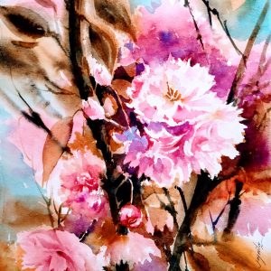 Pink blooms Cherry blossoms Original watercolor painting, handmade artwork, floral home décor